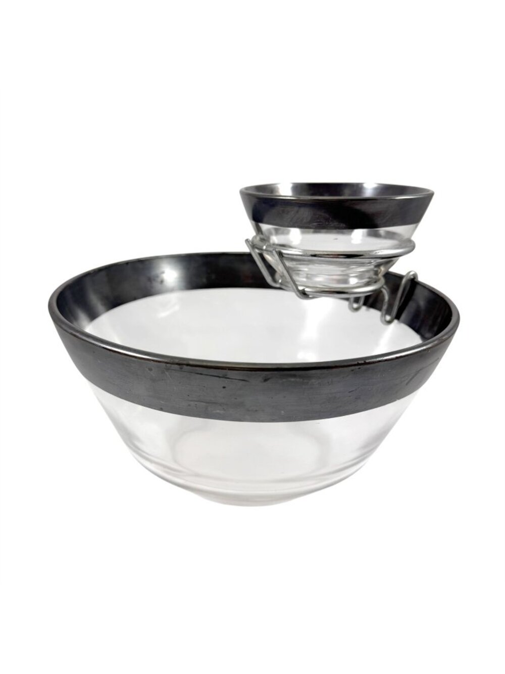 Dorothy Thorpe Silver Rim Chip and Dip Set with Holder Mid Century Vintage 1950s